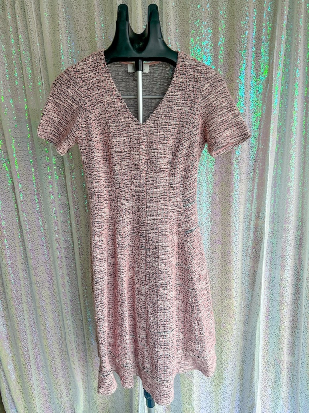 Elle Pink Tweed V-Neck Midi Dress